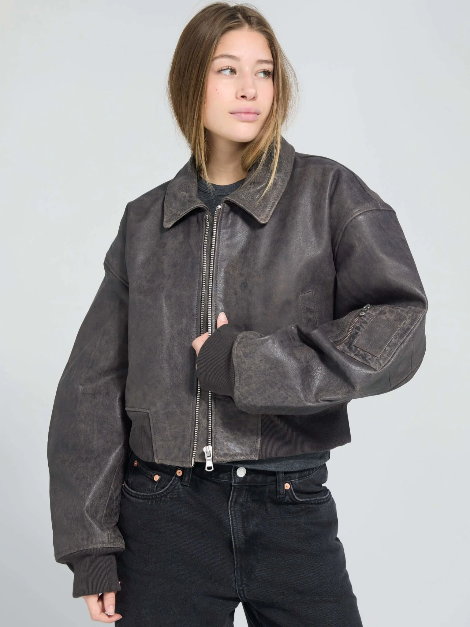 BONNIE CROPPED BOMBER - BROWN - Image 9