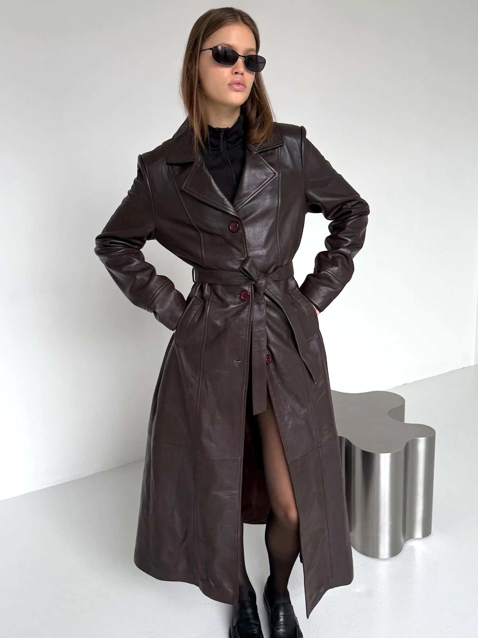 DREW LEATHER COAT - BROWN - Image 4