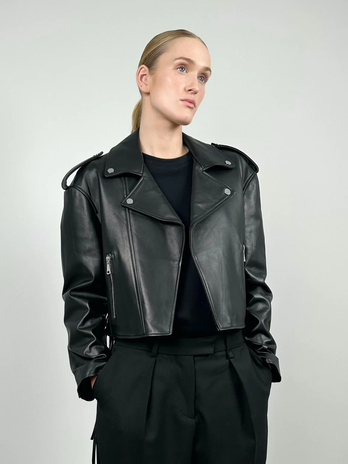 ROSE CROPPED BIKER JACKET - BLACK - Image 2